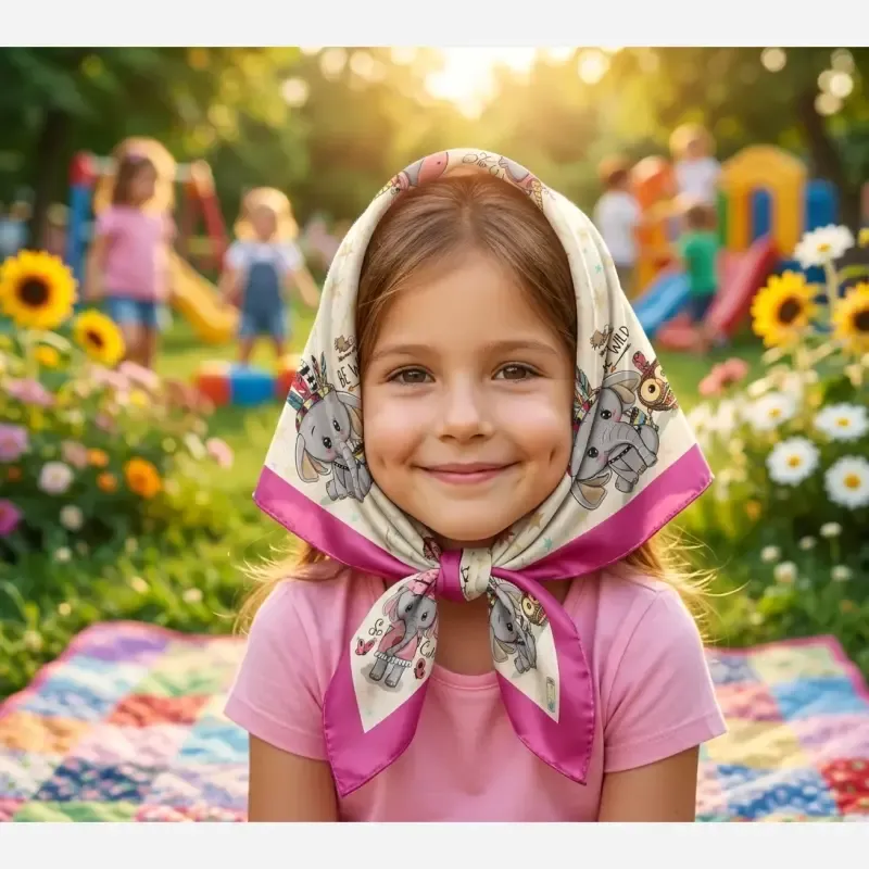 روسری بچگانه نخی طرحدار قواره 70 رنگ طوسی - تصویر 2