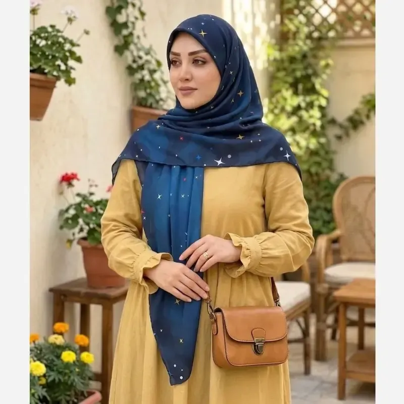 روسری نخی کاستوم طرح ستاره شب سرمه ای قواره بزرگ 140*140 دور دوخت - تصویر 16