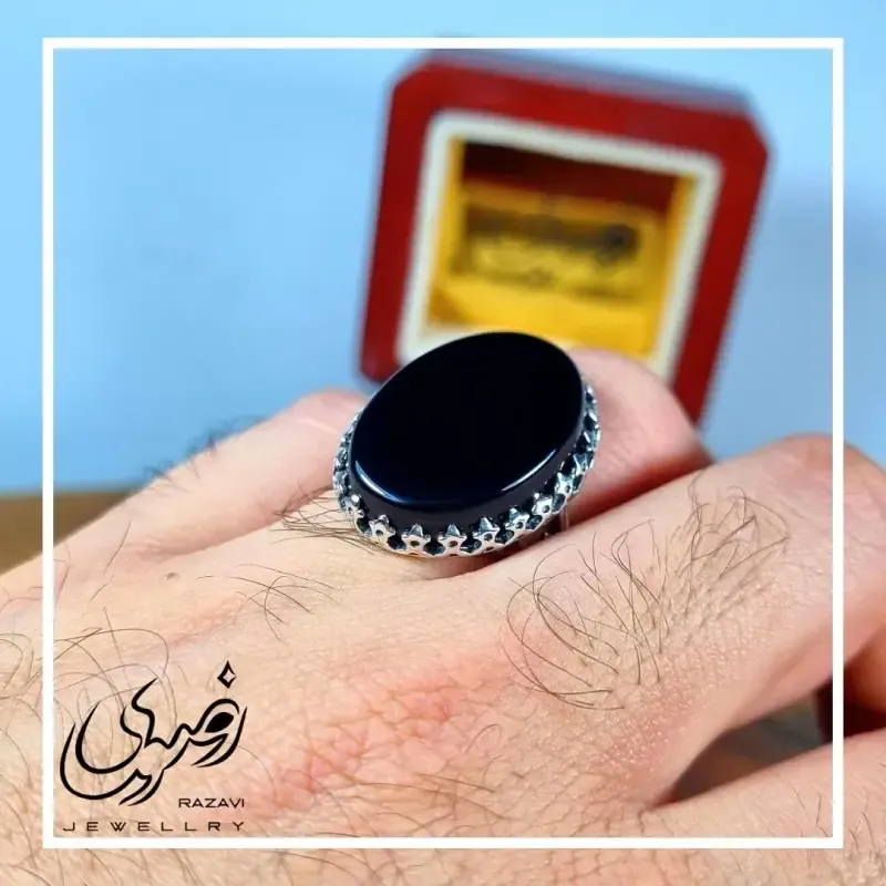 انگشتر مردانه آلیاژ نقره روس با سنگ عقیق مشکی - تصویر 3