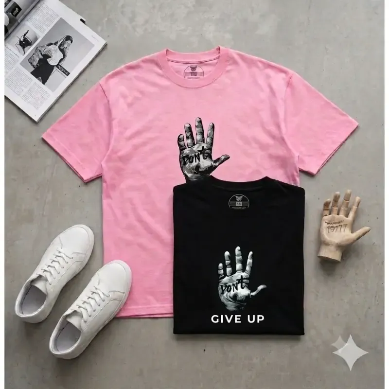 تیشرت نخ پنبه پسرانه و دخترانه طرح Dont Give up رنگ مشکی و صورتی - تصویر 9