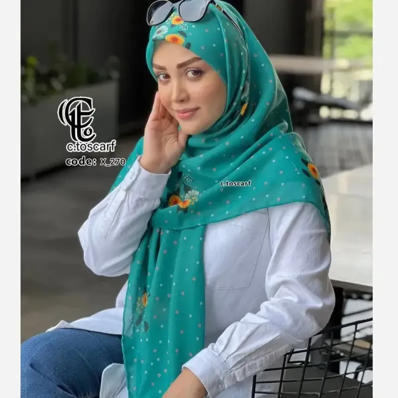 روسری نخ کاستوم قواره 140 طرح پونه تیره - تصویر 3