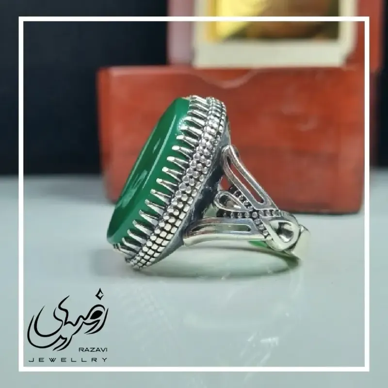 انگشتر مردانه آلیاژ نقره روس سنگ عقیق سبز حکاکی خدا - تصویر 3