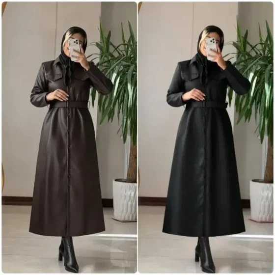 پالتو چرم زنانه بلند مدل اتوسا رنگ قهوه ای و مشکی سایز 36 تا 46
