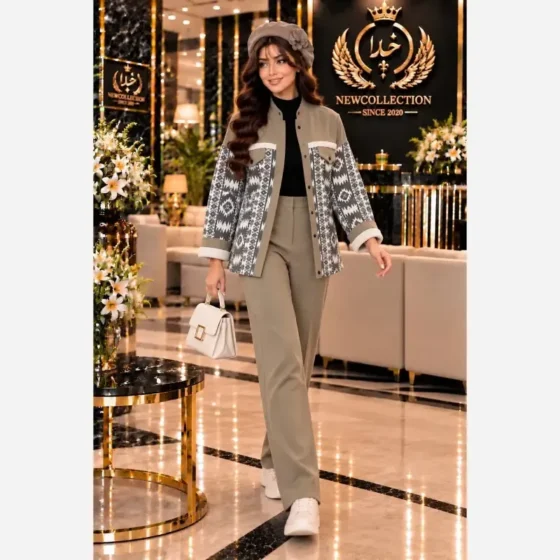 ست کت و شلوار زنانه کتان کشی درجه یک پسته ای فری سایز