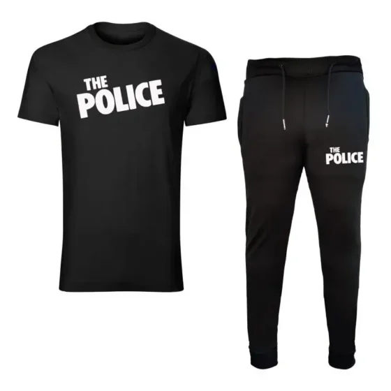 ست تیشرت آستین کوتاه یقه گرد و شلوار مردانه طرح polis مدل e4656 مشکی جنس نخ کمر کش دم پا کش