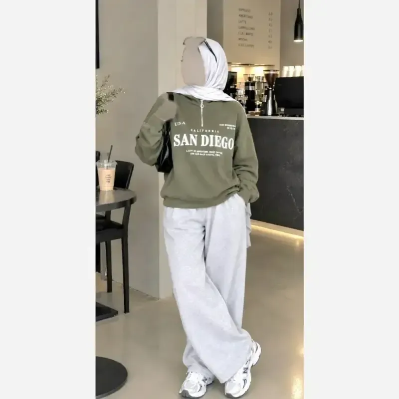 دورس نیم زیپ اسپرت زنانه پسرانه SANDIEGO جنس دورس سه نخ گرم بالا درجه یک رنگ مشکی سبز زیتونی فری سایز - تصویر 20