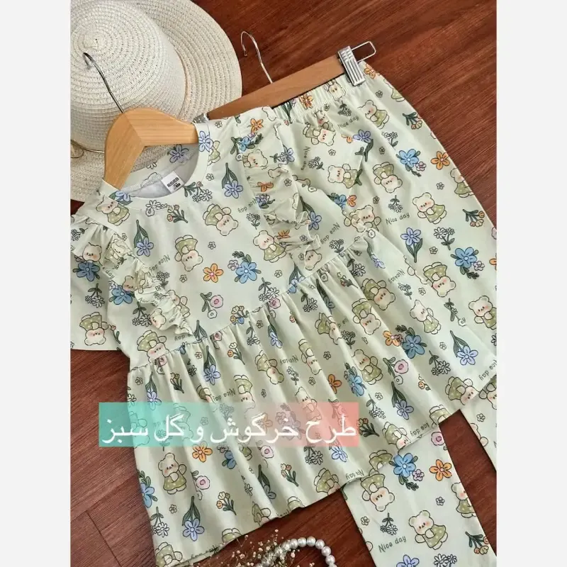 ست بلوز و شلوار راحتی دخترانه مدل خرگوش و گل سبز جنس پنبه لاکرا سایز 40 تا 60 - تصویر 2
