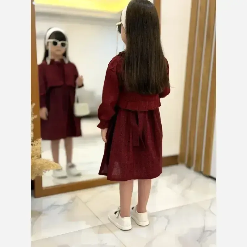 کت و سارافون دخترانه مخمل کبریتی و کتان تافته زرشکی سایز 2 تا 9 سال - تصویر 2
