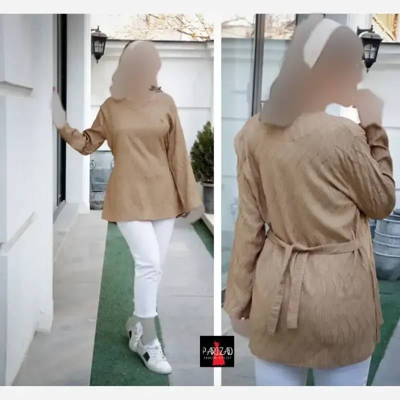 تونیک بهاره نخی طرح موجی کمربندی مناسب سایز 40 تا 46 قد 76 سانت - تصویر 3