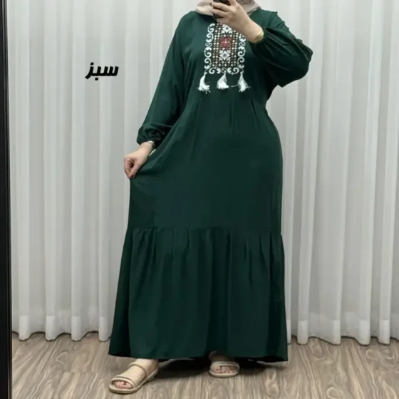 پیراهن نخی زنانه و دخترانه بلند منگولهدار فری سایز تا 50