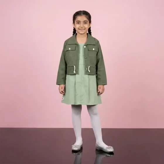 ست کت و سارافون دخترانه کتان رنگ یشمی
