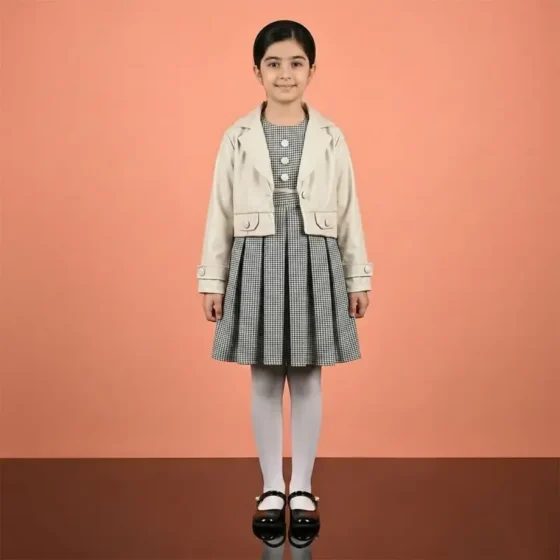ست کت چرم مصنوعی و سارافون کتان دخترانه رنگ کرم