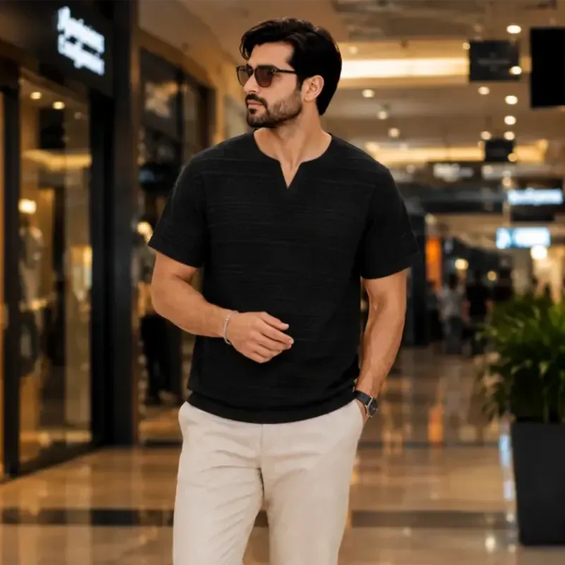 تیشرت مردانه یقه کوبایی مراکشی آستین پاکتی سایز بزرگ رنگ سبز ماچا کرم سفید مشکی - تصویر 3
