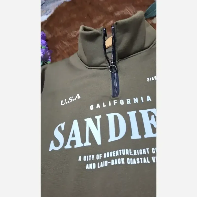 دورس نیم زیپ اسپرت زنانه پسرانه SANDIEGO جنس دورس سه نخ گرم بالا درجه یک رنگ مشکی سبز زیتونی فری سایز - تصویر 9