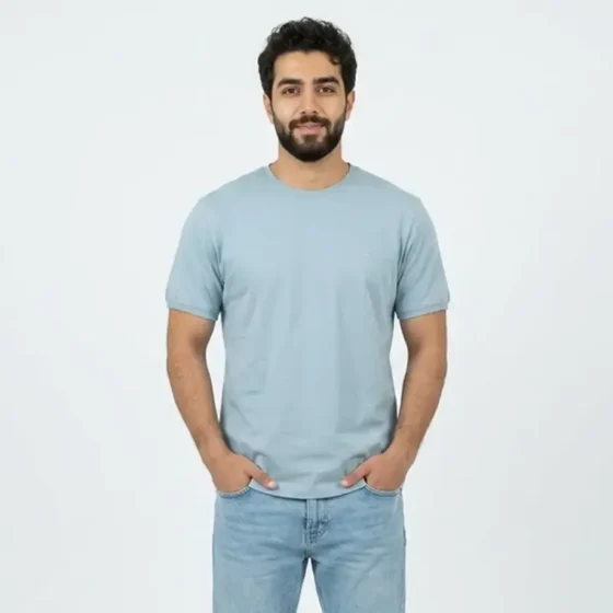 تیشرت بیسیک مردانه پنبه خالص یقه گرد آبی کد 11856