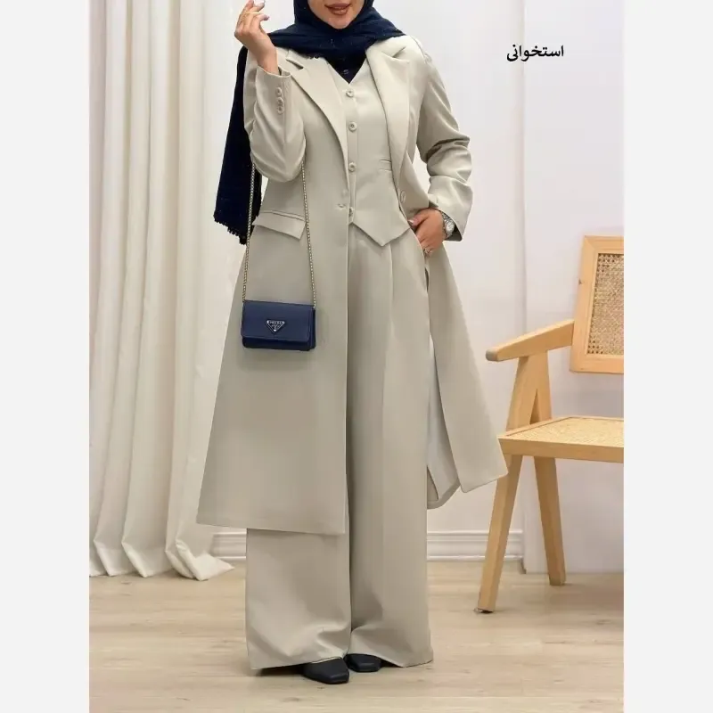 ست سه تکه مانتو شلوار و جلیقه زنانه جنس کرپ سوپر دبل باربی کجراه - تصویر 4