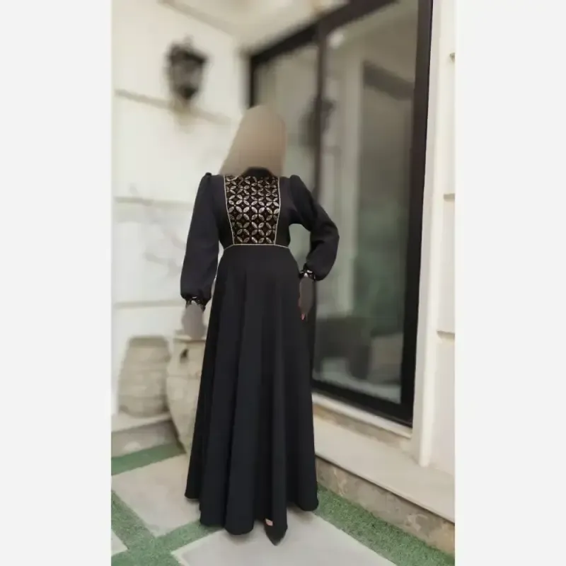 پیراهن زنانه طرح مهسا جنس کرپ مازراتی و خرجکار مخمل هندی رنگ مشکی - تصویر 5