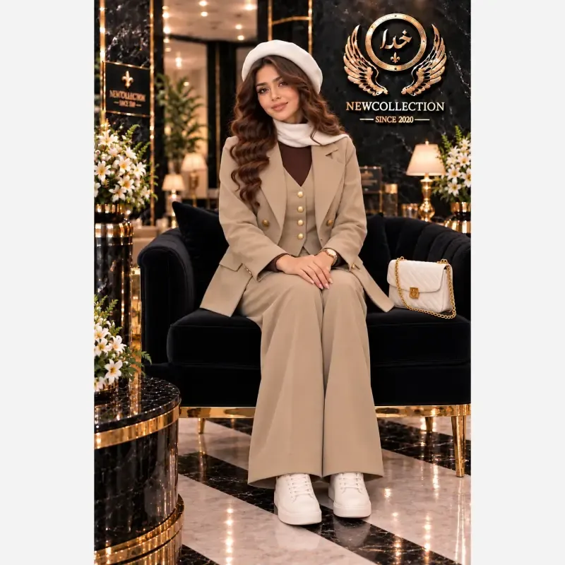 ست سه تیکه پاییزه کلمبیایی کت و جلیقه و شلوار سوپرمازراتی اعلا مشکی نسکافه ای فری سایز - تصویر 6