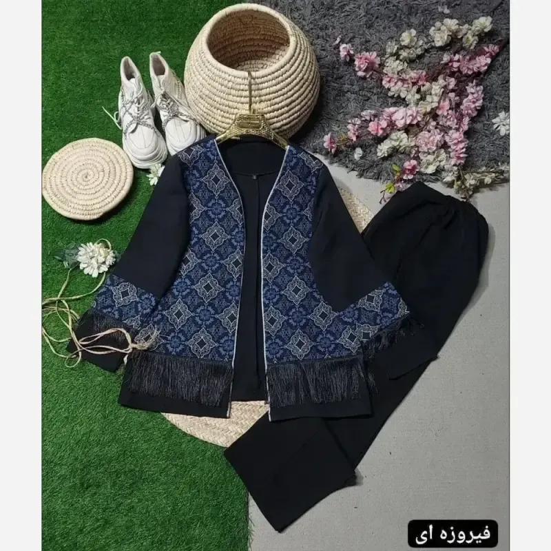 ست سنتی پاییزه نانسی جنس سوپرمازراتی اعلا سایز فری رنگ کله غازی و فیروزه ای - تصویر 3