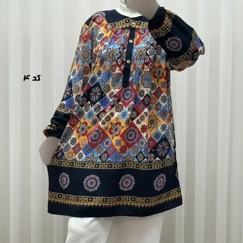 تونیک نخی زنانه سایز بزرگ مدل ستاره کوچک دکمه دار - تصویر 4