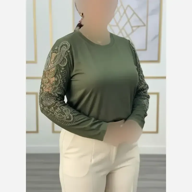 شومیز مجلسی گیپوردار نگین دار مدل سوگل جنس ویسکوز تیپ لاکرا فری سایز - تصویر 12
