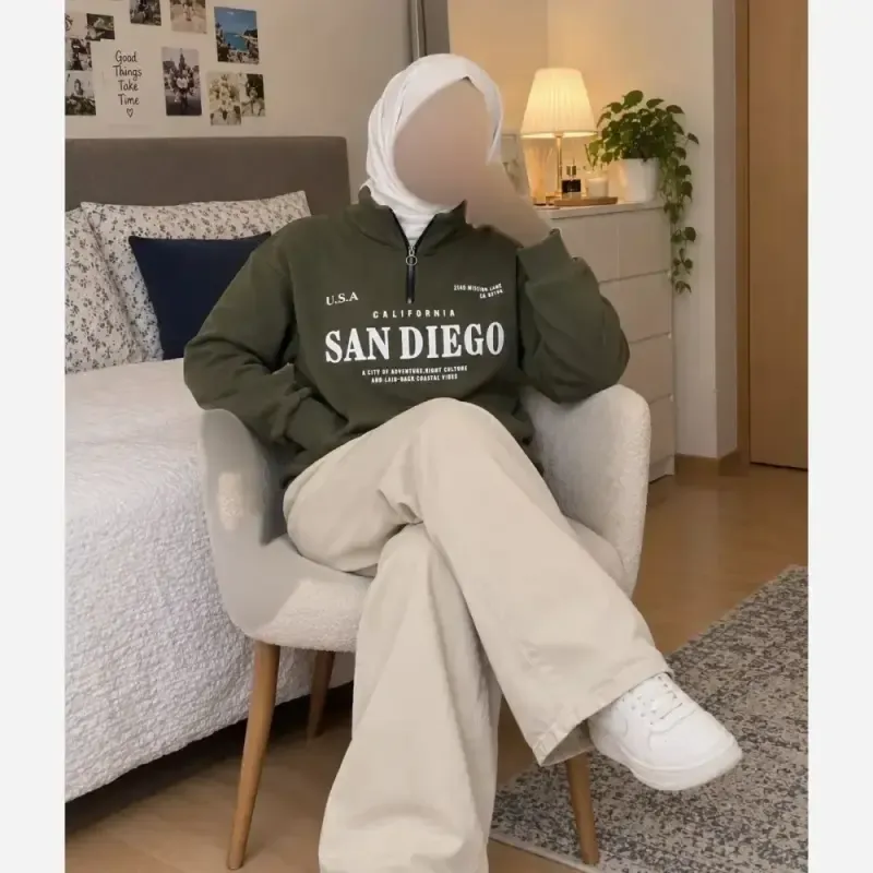 دورس نیم زیپ اسپرت زنانه پسرانه SANDIEGO جنس دورس سه نخ گرم بالا درجه یک رنگ مشکی سبز زیتونی فری سایز - تصویر 4