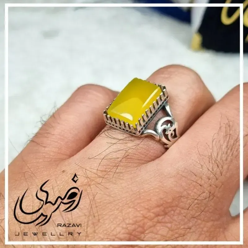 انگشتر نقره مردانه طرح رهبری مشبک با نگین شرف الشمس - تصویر 2