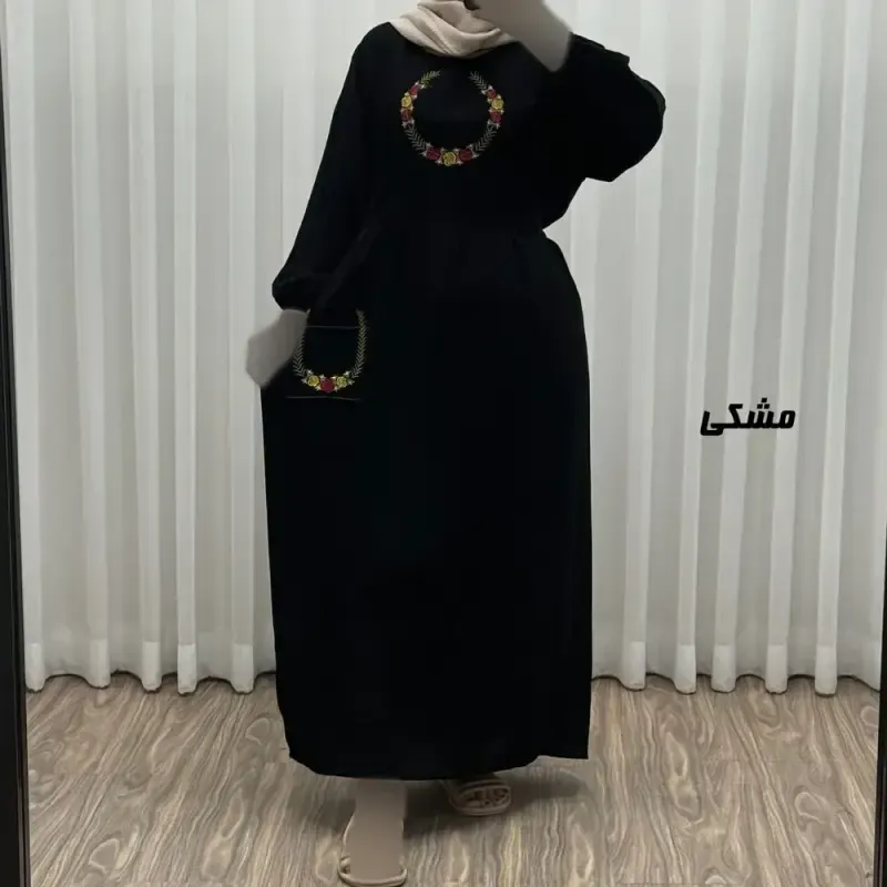 پیراهن نخی گلدوزی زنانه مدل خاطره فری سایز تا 48 با کمربند - تصویر 6