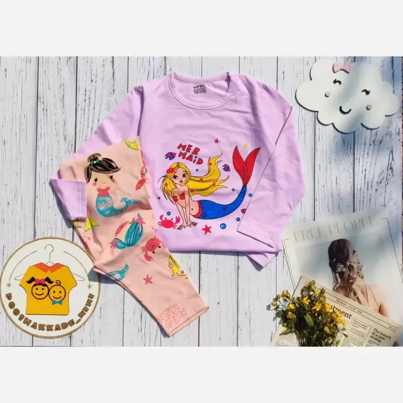 ست بلوز و شلوار راحتی دخترانه طرح پری دریایی جنس نخ پنبه سایز 3 تا 7 سال - تصویر 4