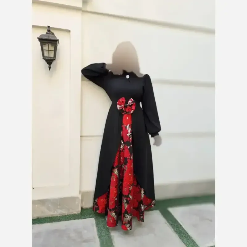 پیراهن مجلسی زنانه طرح هلینا کرپ مازراتی و ژاکارد ترک رنگ مشکی دامن قرمز سایز 5 - تصویر 15
