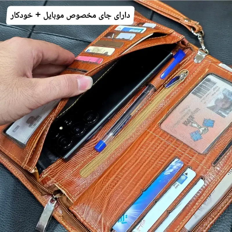 کیف دسته چک چرم طبیعی گاوی مردانه با جای کارت و موبایل - تصویر 16