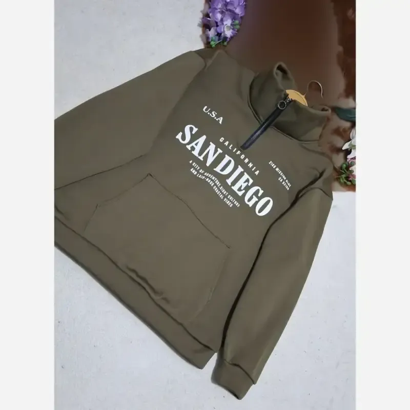 دورس نیم زیپ اسپرت زنانه پسرانه SANDIEGO جنس دورس سه نخ گرم بالا درجه یک رنگ مشکی سبز زیتونی فری سایز - تصویر 11