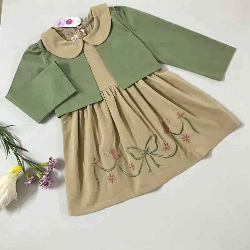 کت و سارافون دخترانه گلدوزی شده لینن و کتان مناسب 3 تا 7 سال - تصویر 3
