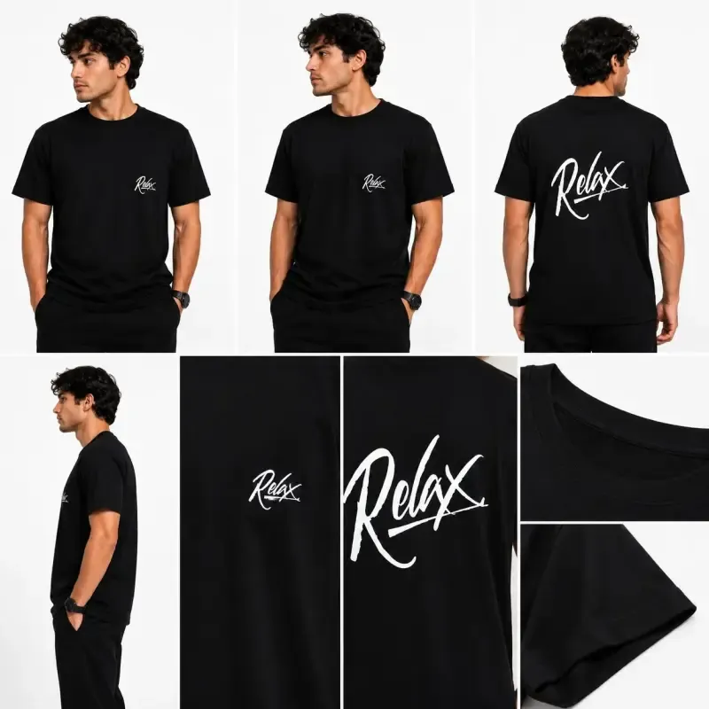 تیشرت یقه گرد مشکی طرح RELAX Signature جین وست نخ پنبه چهار فصل روزمره کژوال استریتویر - تصویر 4