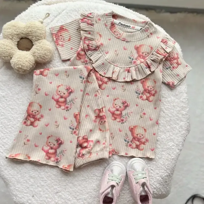 بلوز و شلوار راحتی دخترانه طرح تدی جنس ریلی - تصویر 2