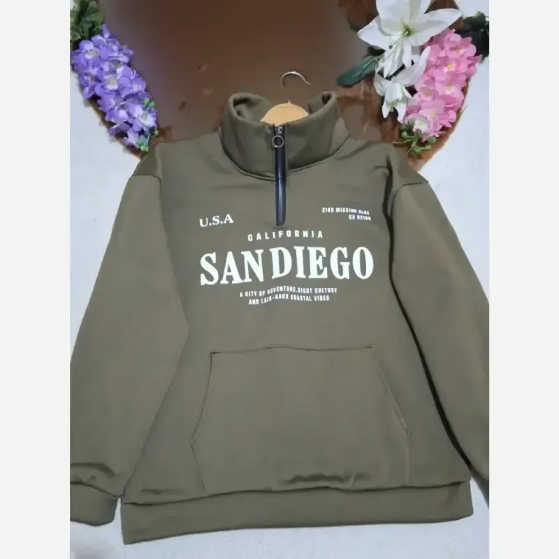 دورس نیم زیپ اسپرت زنانه پسرانه SANDIEGO جنس دورس سه نخ گرم بالا درجه یک رنگ مشکی سبز زیتونی فری سایز - تصویر 14