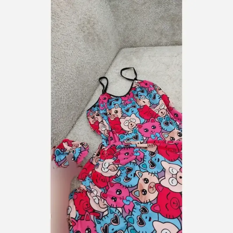 لباس خواب ساتن کش ابریشمی وارداتی فری سایز طرح دخترونه زیبا - تصویر 3