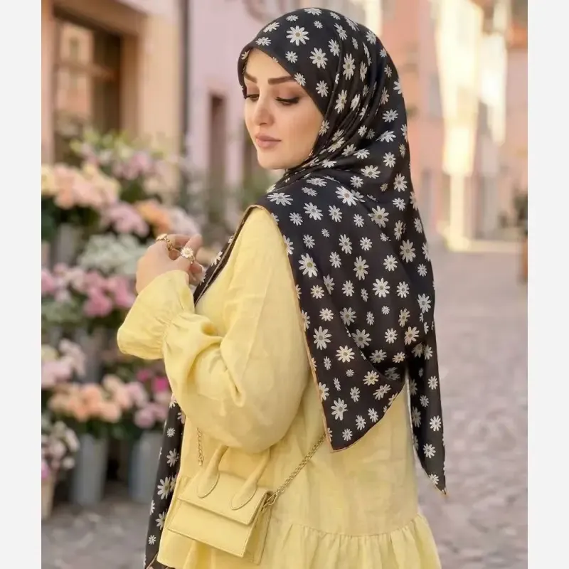 روسری طرح بابونه طوسی نخ کاستوم قواره بزرگ 140 سانتیمتر - تصویر 14
