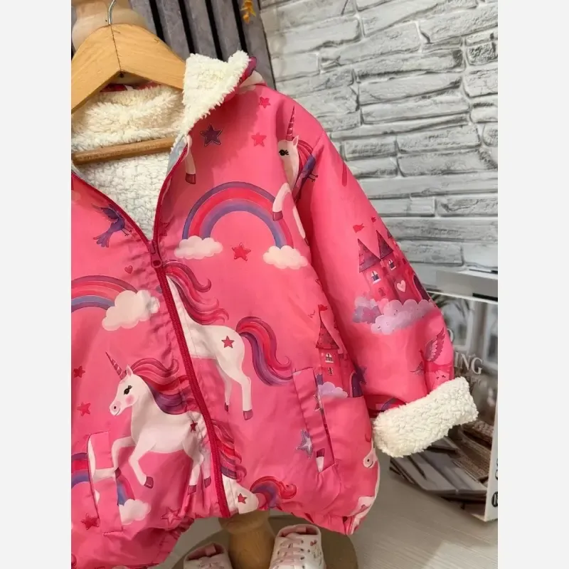 کاپشن دخترانه مموری ضد آب طرح تک شاخ داخل خز سرخابی 2 تا 7 سال - تصویر 3