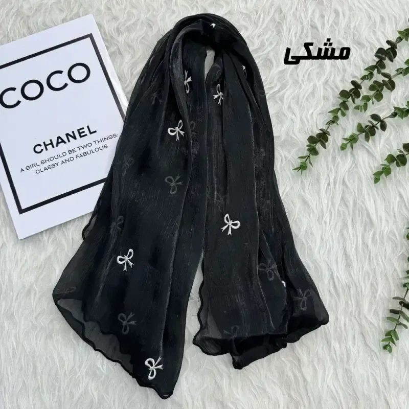 شال حریر کبریتی پاپیونی مشکی وارداتی مجلسی و روزمره قواره 190 در 67 - تصویر 3
