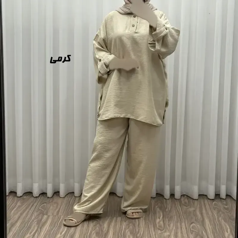 ست بلوز و شلوار زنانه مدل پانچی جنس شانتون فری سایز مناسب تا 52 - تصویر 3