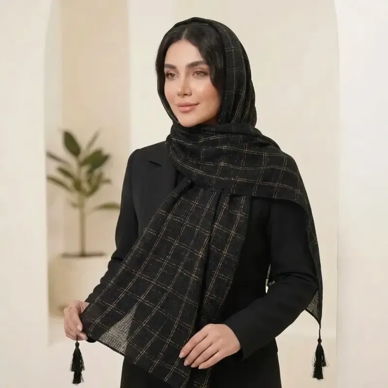 شال برشکا دور ریش منگولهدار خاکستری جنس درجه یک فوقالعاده سبک - تصویر 3