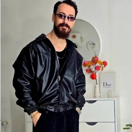 جکت چرم مردانه پایین کش وارداتی رنگ مشکی سایز L تا 2XL