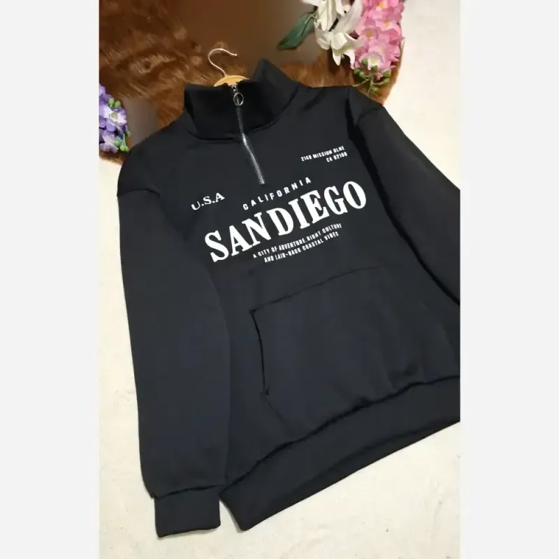 دورس نیم زیپ اسپرت زنانه پسرانه SANDIEGO جنس دورس سه نخ گرم بالا درجه یک رنگ مشکی سبز زیتونی فری سایز - تصویر 12
