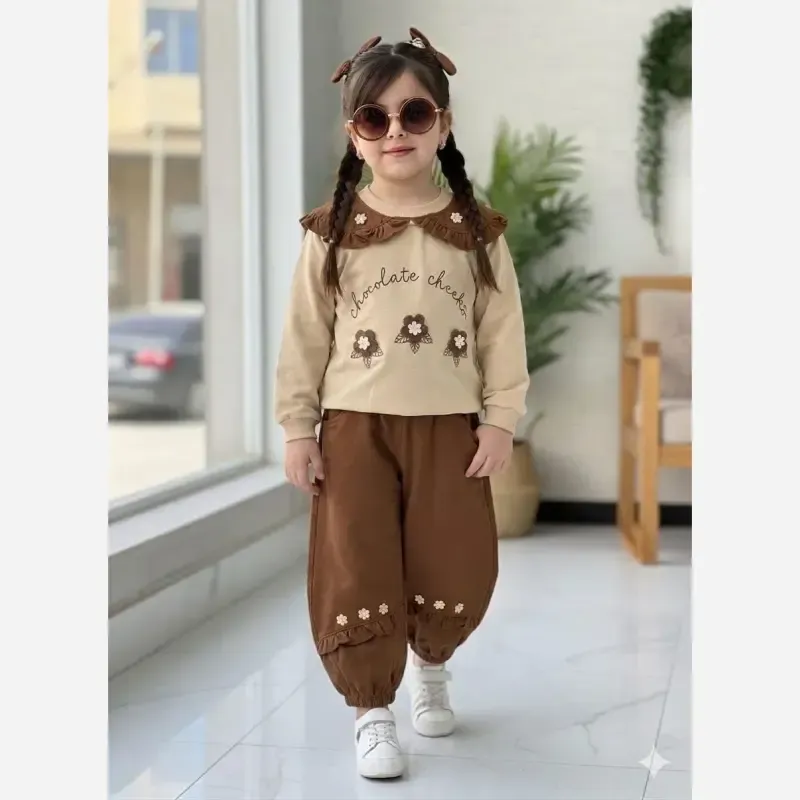 ست بلوز و شلوار دورس دو نخ فول لاکرا دخترانه مدل موکا - تصویر 2