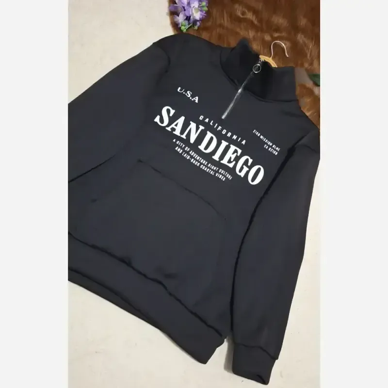 دورس نیم زیپ اسپرت زنانه پسرانه SANDIEGO جنس دورس سه نخ گرم بالا درجه یک رنگ مشکی سبز زیتونی فری سایز - تصویر 5