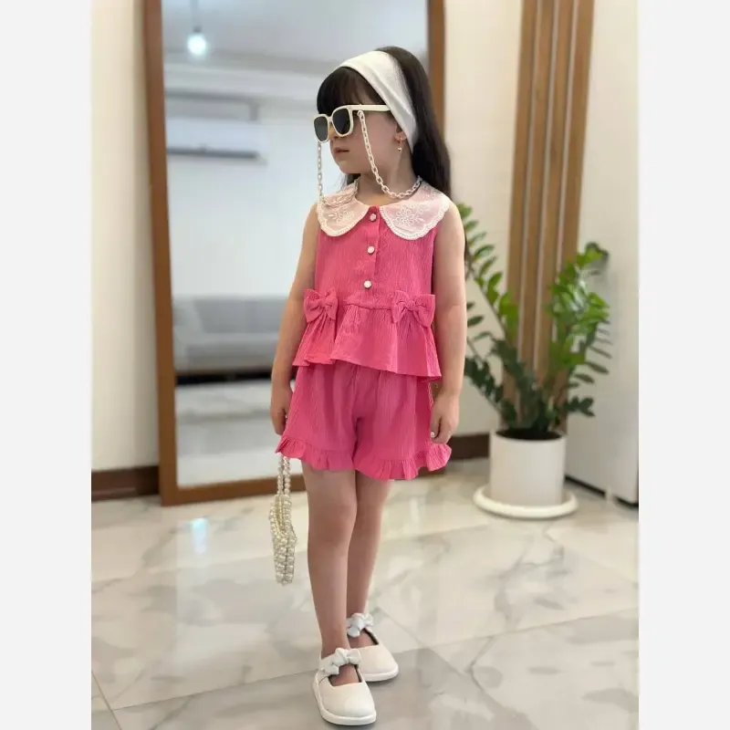 ست دو تکه تابستانه دخترانه تاپ و شلوارک جنس اطلس سایز 1 تا 7 سال رنگ صورتی و سبز - تصویر 5