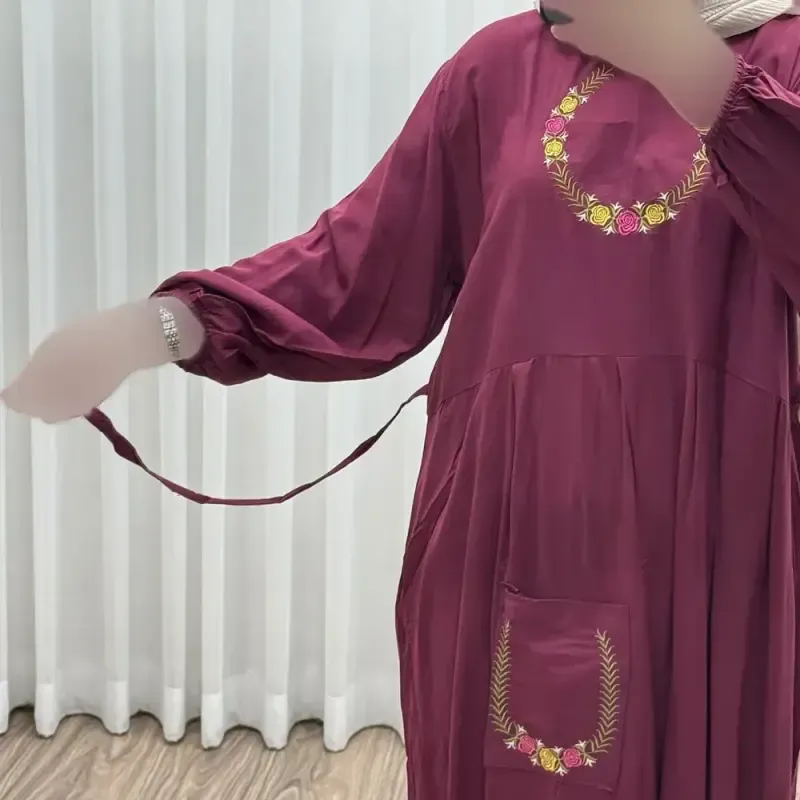 پیراهن نخی گلدوزی زنانه مدل خاطره فری سایز تا 48 با کمربند - تصویر 3