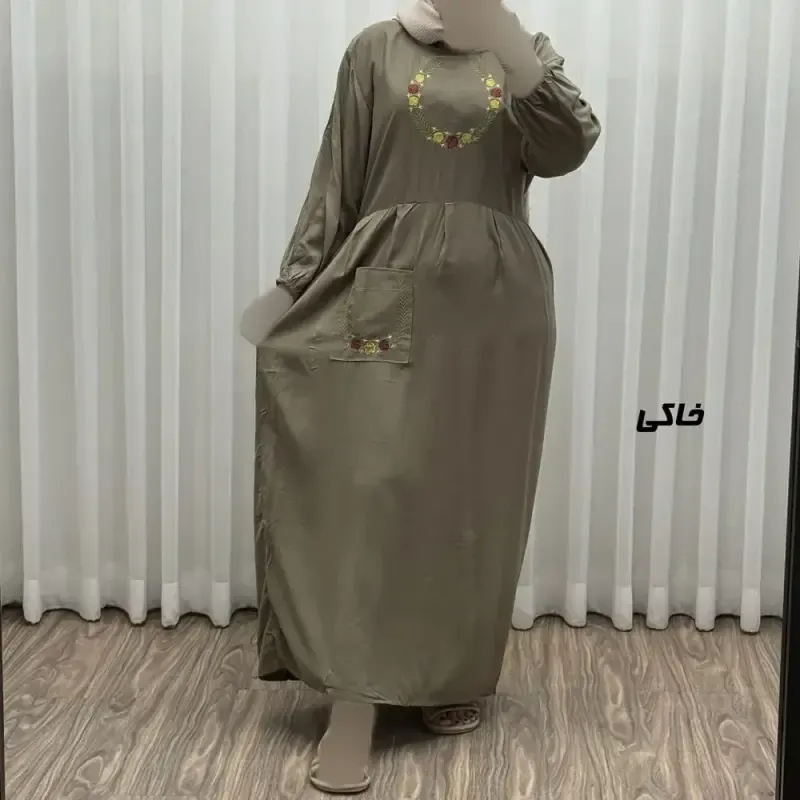 پیراهن نخی گلدوزی زنانه مدل خاطره فری سایز تا 48 با کمربند - تصویر 2