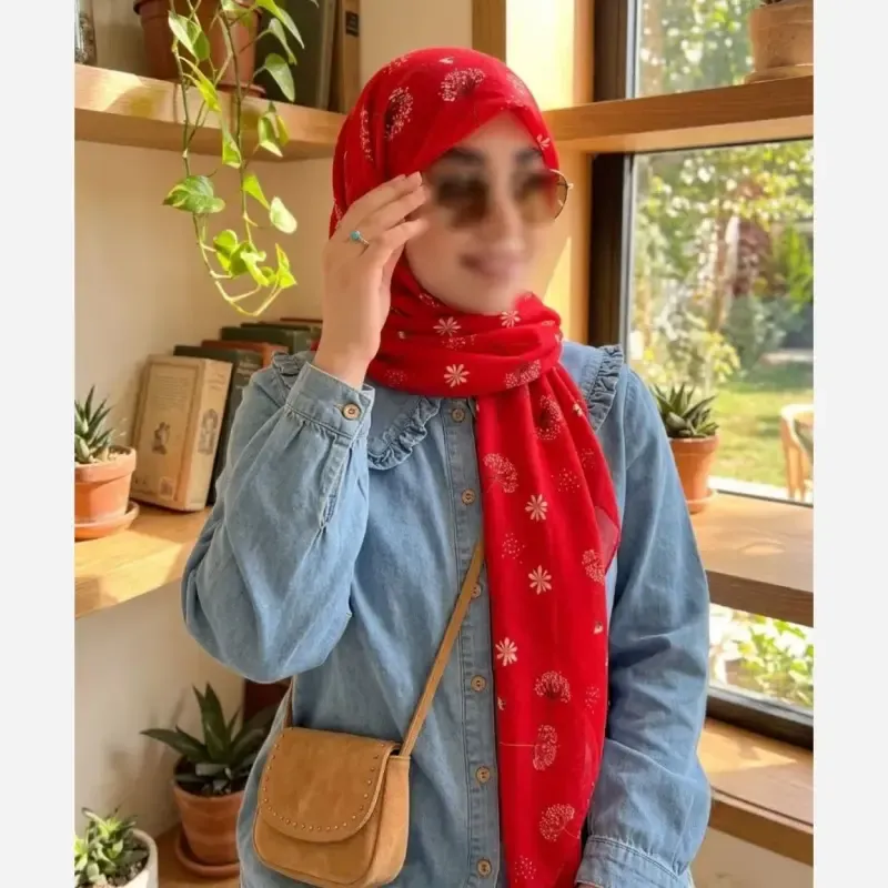 روسری نخی کاستوم طرح قاصدک قواره 110 قرمز شاد - تصویر 7